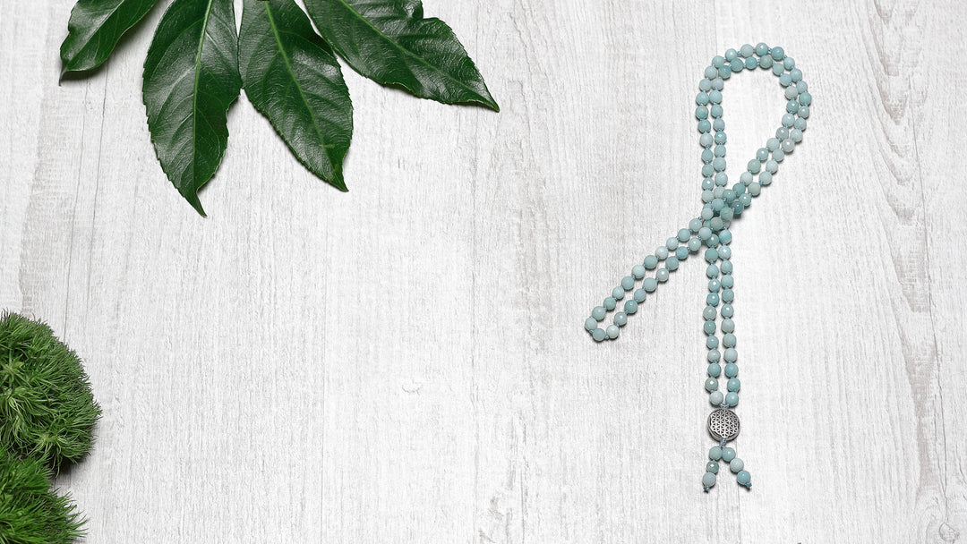 Mala Amazonit | 6 mm | facettiert |mit Blume des Lebens Antik-Look 925er Silber