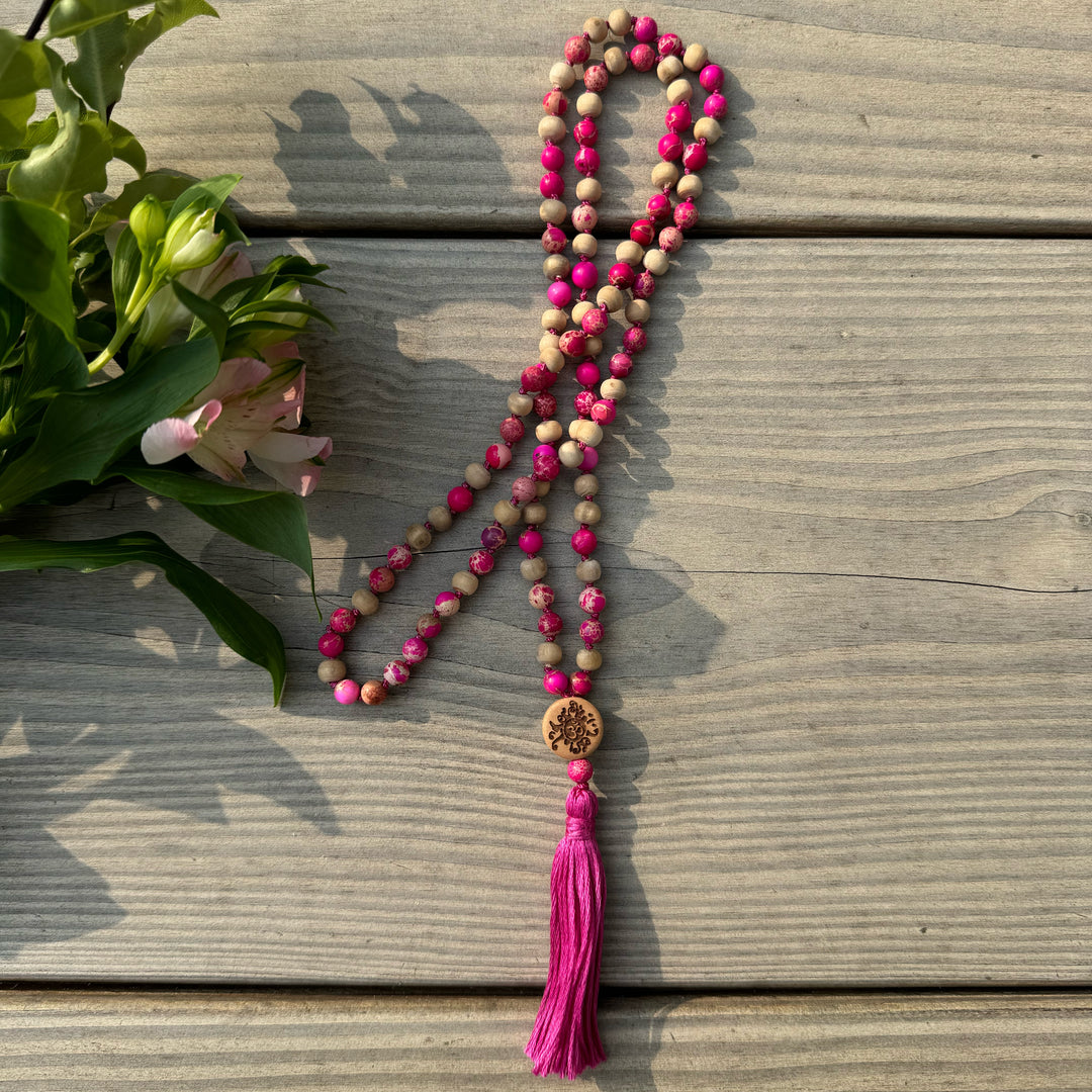 59#108 Mala Impression Jaspis pink mit Tulsi | 6 mm | Quaste