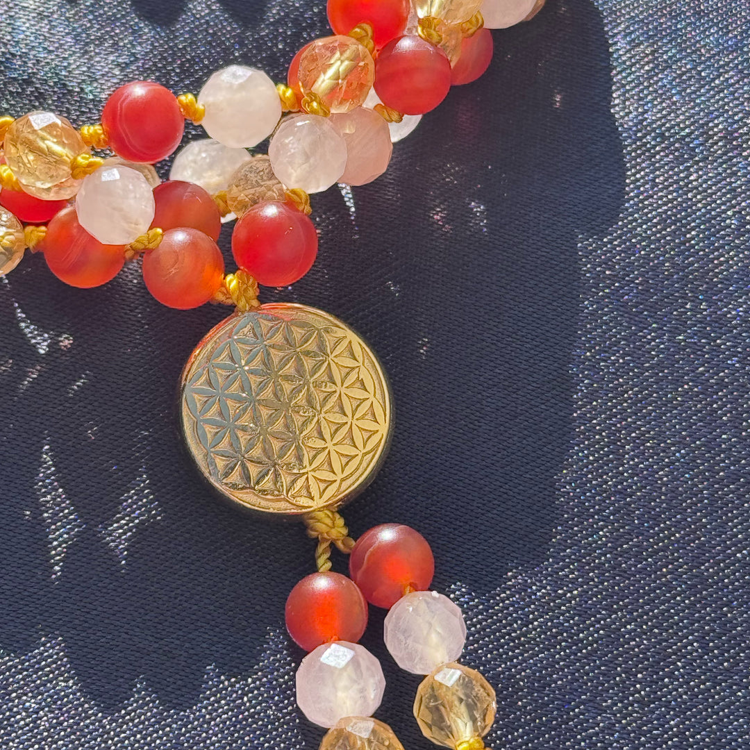 Feuerpferd Mala | Karneol · Citrin · Rosenquarz | mit goldener Malamünze