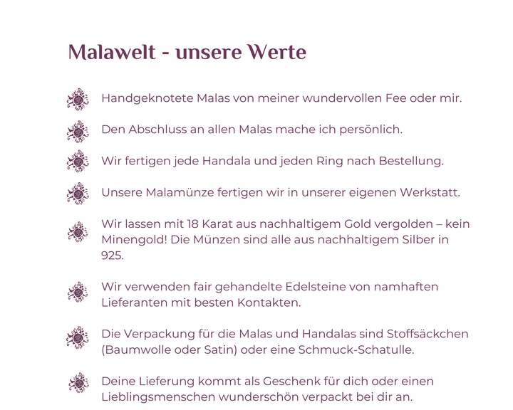 Herkunft Mala und Edelstein und Werte der Malawelt